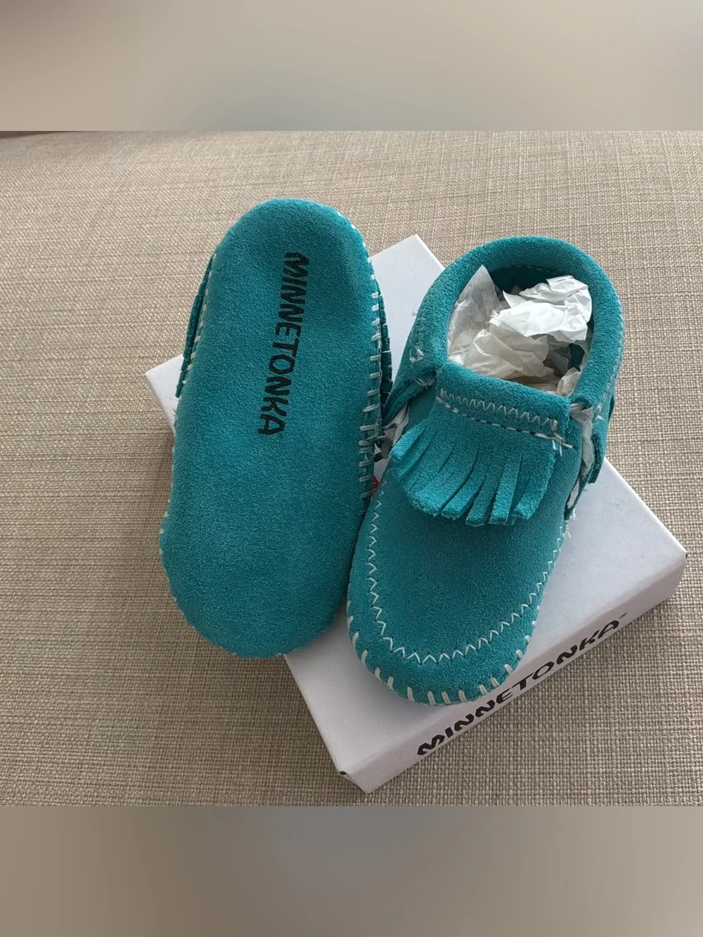 Infant Minnetonka Turquoise Suede Fringe Moccasins